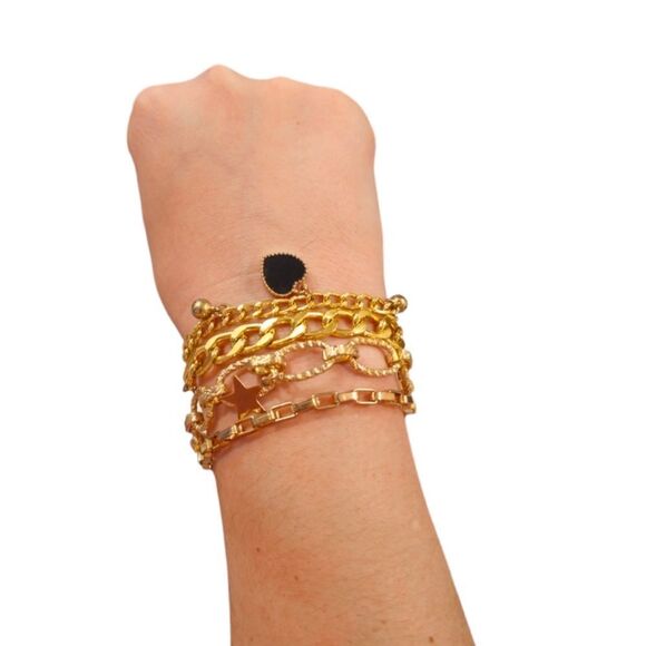 Gold-tone Multi-link Heart and Star Charm Layering Bracelet Set - Picture 8 of 8